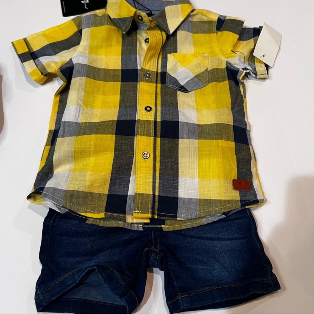 Yellow Plaid Kids Shirt & Jean shorts set by 7 For mankind new with tags - Picture 5 of 13